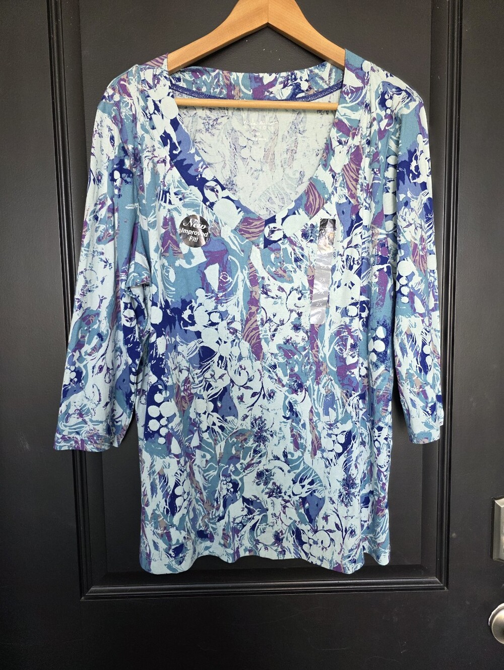 Nicole Miller New York 2X Blue Purple Abstract Floral V-Neck Tunic 100% Cotton